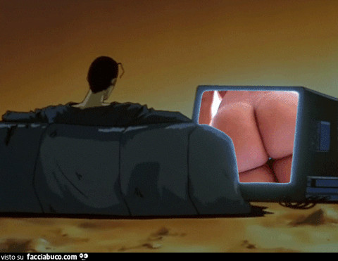 Gif animata ragazzo cartoon che guarda un culo femminile in televisione